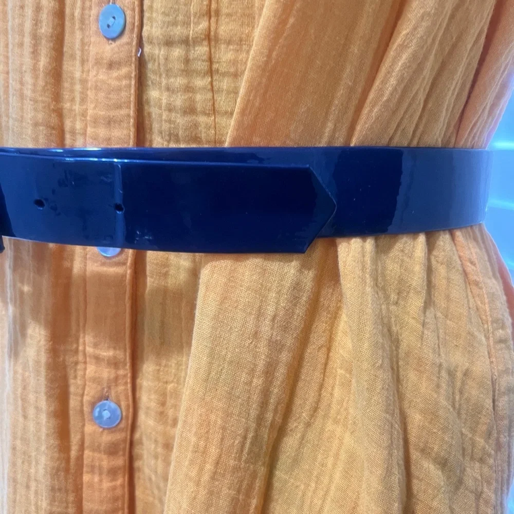 Vintage 80s Women’s Blue Patent Leather High Waist Rectangle Buckle Fashion Belt